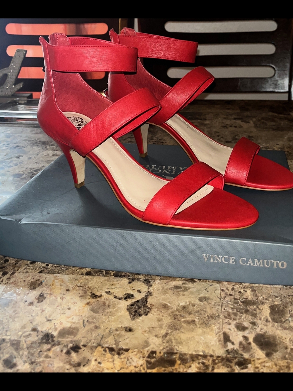 Vince Camuto Bold Red Ankle-Strap Mid Heels